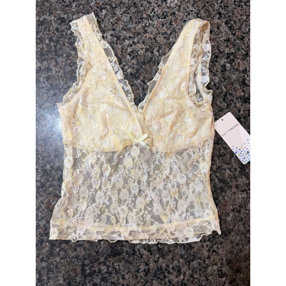 Luv + Freckles Women XS Yellow Cream Floral Lace V-Neck Camisole Top FTK1134 NWT